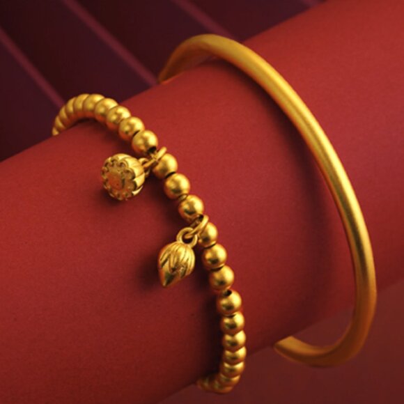 ✨ NEW Gold Tone Stackable Bangle & Beaded Bracelet Set | Lotus Charm Jewelry - Picture 2 of 4